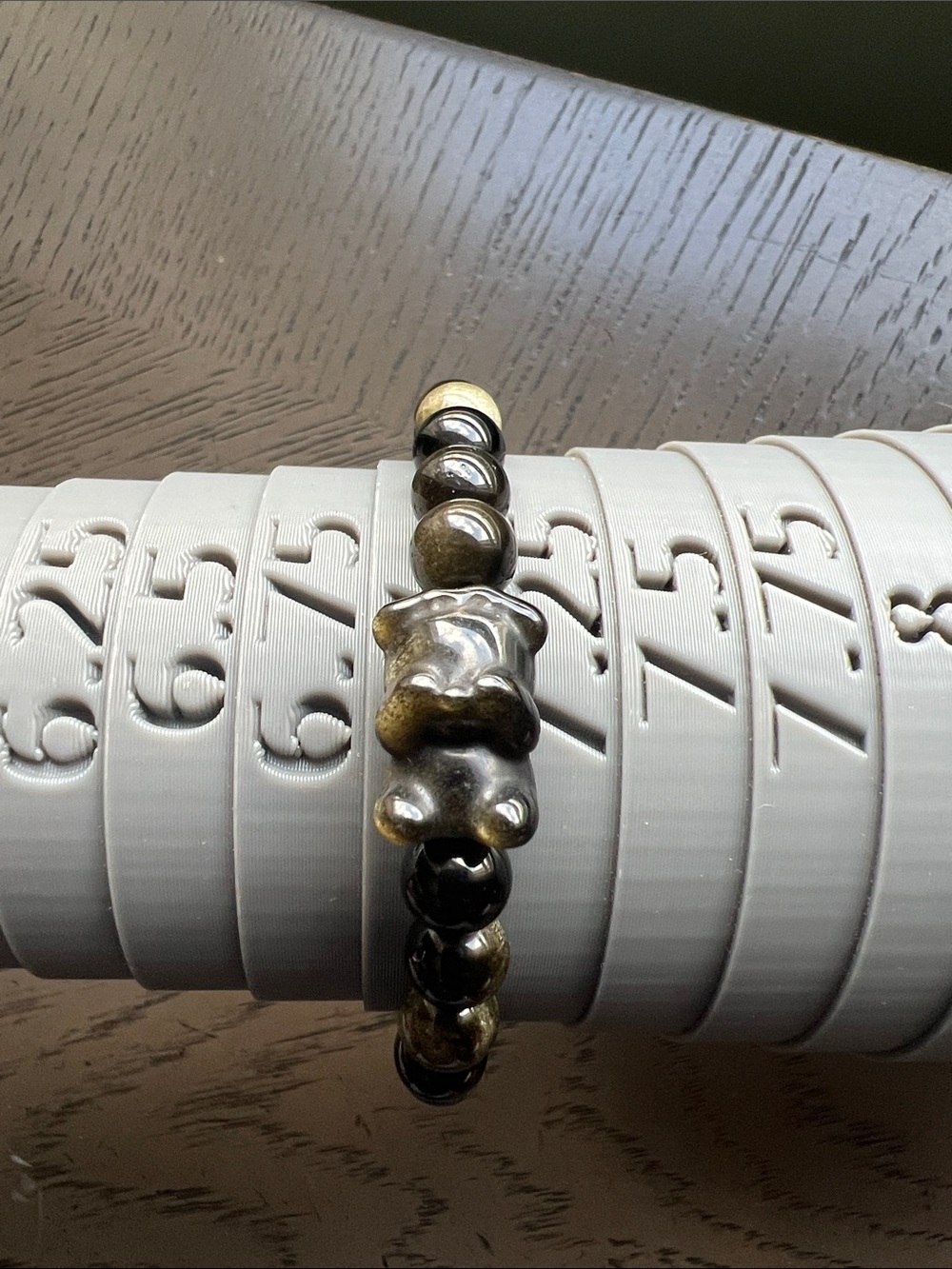 Golden sheen obsidian with angel bear bracelet 8mm SIZE 7’